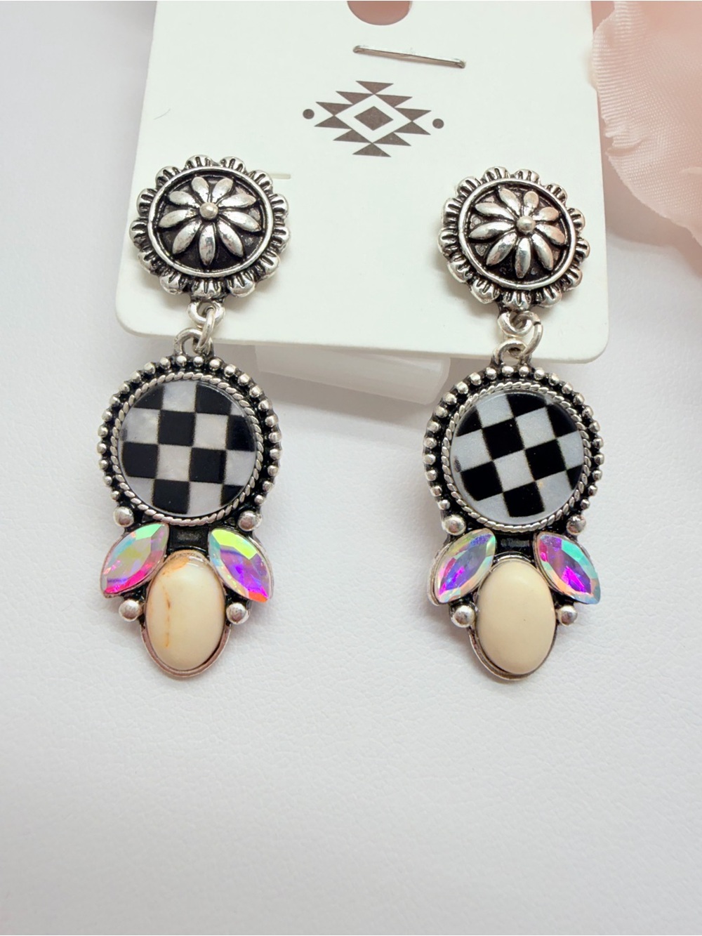 Boho Silver Drop Earrings with Black & White Checker and Iridescent Accents
